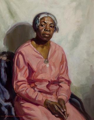 Portrait of an Elder Woman, seated wearing a pink dress