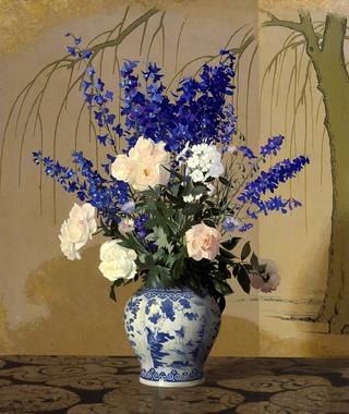 Delphiniums And Roses in a Blue and White Porcelain Vase