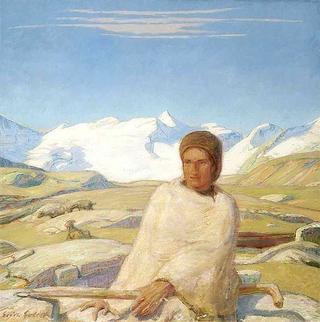 Sheperdess in front of Engadiner Mountain