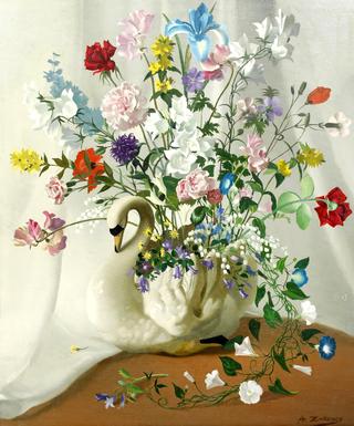 Still life with summer flowers in a swan-shaped vase
