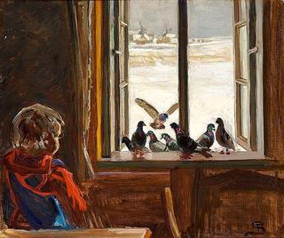 The painter's daughter is watching the pigeons in the windowsill