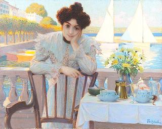 Young Woman having Tea by the Lake