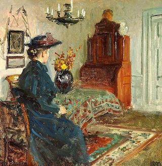 Interior with the artist's wife Martha in a coat and hat