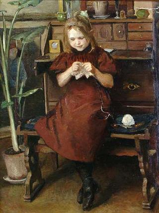 A Young Girl Knitting