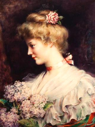 Portrait of a Woman Holding a Bouquet of Lilacs