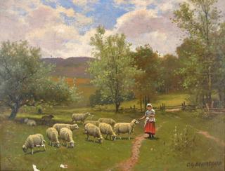 Maid Feeding Sheep in Pasture