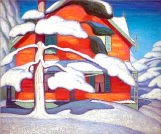 Pine Tree and Red House, Winter, City Painting