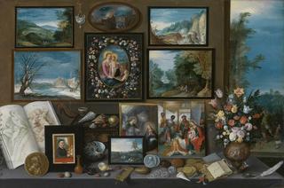 The cabinet of a collector with paintings, shells, coins, fossils and flowers