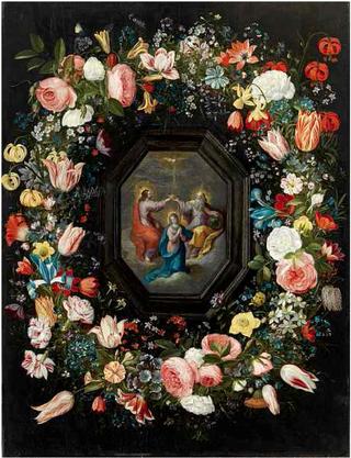 Flower garland surrounding a coronation of Mary