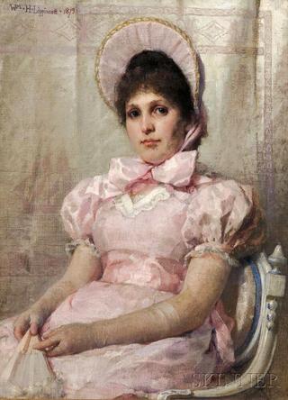 Portrait of a Seated Woman in Pink Holding a Fan