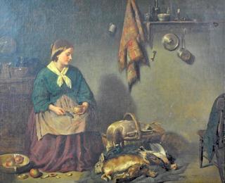 Woman in an interior with apples and game