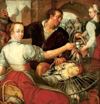 Market scene with a poultry seller