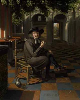 A Gentleman Smoking in a Shaded Courtyard