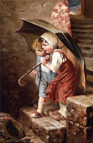 Two Children With Umbrella
