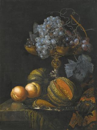 Still Life of Grapes and a Cut Melon