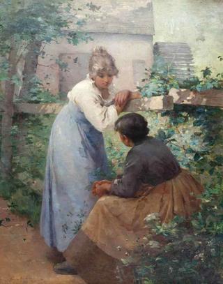 Two Women Chatting in a Garden with a Mill