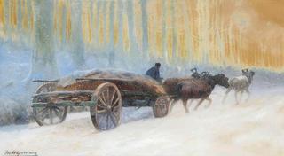 Snowy Wooded Landscape with Peasant and Wagon pulled by Three Horses