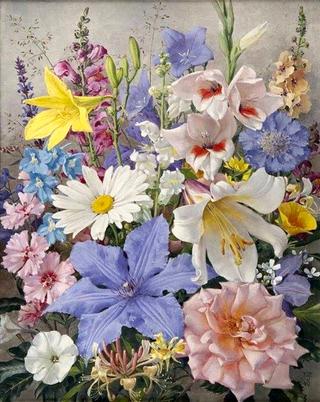 A flower still life with roses, violets and other flowers