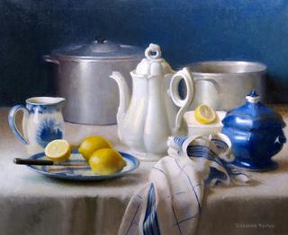 Kitchen Still Life - China, Pewter and Lemons