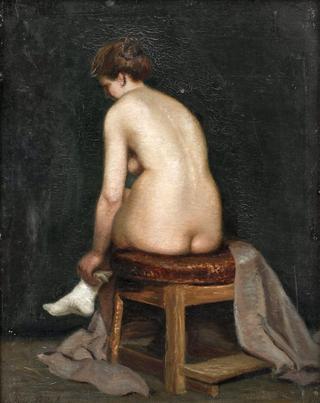 Woman dressing, on a stool