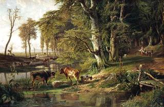 Grazing Cattle by a Woodland Stream