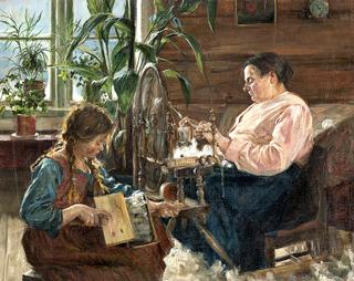 Interior with a Girl and Woman Spinning