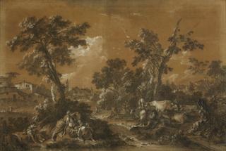 Herdsmen, Shepherdesses and Sheep Resting by River