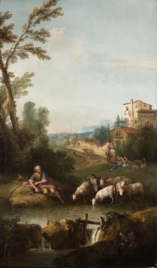 雅各布给拉班的羊群饮水的风景