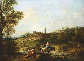 Landscape with a Woman fording a Stream on Horseback