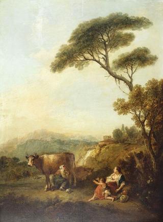 一个女人挤奶和一个孩子乞讨牛奶的风景
