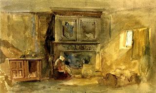 Tudor interior with woman seated by fire