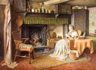 Old woman sewing by the fireside