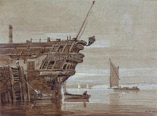 An East Indiaman Moored, Small Boats Alongside, Other Boats Further Off