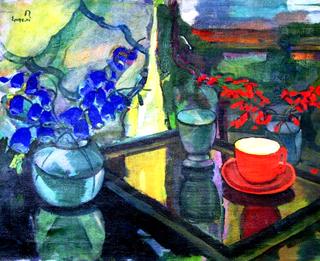 Still Life with a Red Cup and Bluebells