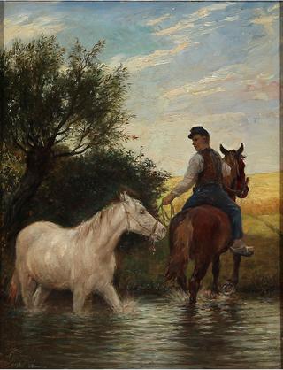 Horse drawn through a stream