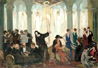 Party Scene inside a Church with Party Guests, Angels and a Nun
