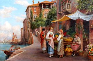 Venetian scene with female figures at a fruit stall