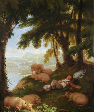 Shepherd and Sheep on a Hillside