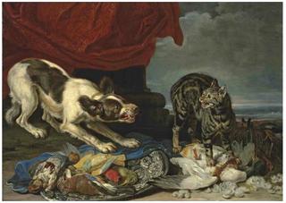 A cat and a dog fighting over fowl, a column with draped curtain and coastal landscape beyond