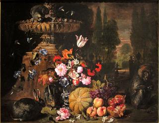 Still life of fruit and flowers with animals