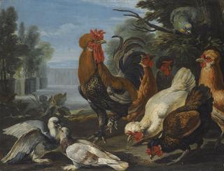 A Cockerel, Hens, Doves and a Parrot