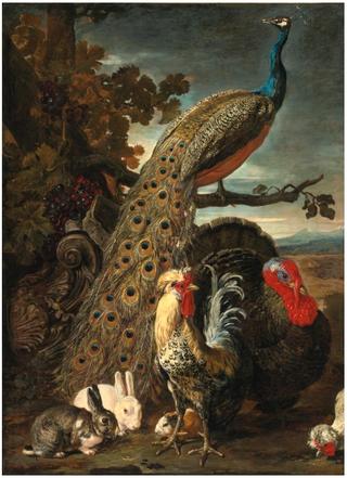 A peacock, turkey, rabbits, and cockerel in a landscape