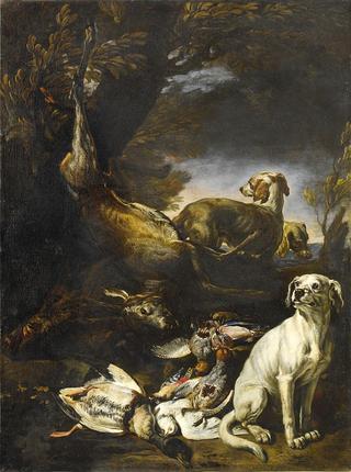 Hunted game are guarded by dogs in a forest landscape