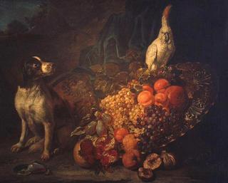 Ostentatious still life with dog and parrot