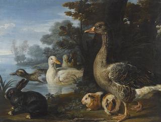 Ducks, Guinea Pigs and a Rabbit in a Wooded Landscape Beside a Lake