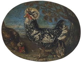 Roosters and a rabbit in a landscape