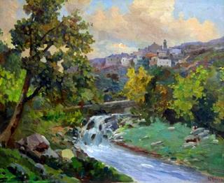 A river landscape with a hilltop village