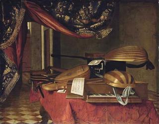 A Spinet, a Mandolin, Lutes and other Musical Instruments on a Draped Table