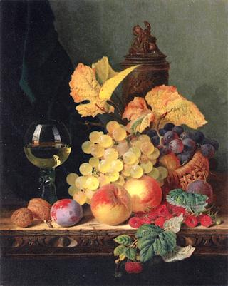 A Roemer, Grapes, Peaches, Plums, Raspberries and Walnuts on a Wooden Ledge