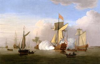 An Admiralty Yacht Firing a Salute as She Prepares to Depart from the Anchorage